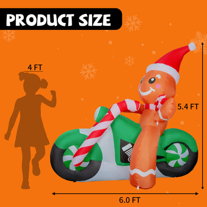 GOOSH 6ft Christmas Inflatables Outdoor Decorations, Blow Up Gingerbread Man On A Motorbike Inflatable with Built-in LEDs for Christmas Indoor Outdoor Yard Lawn Garden Decorations