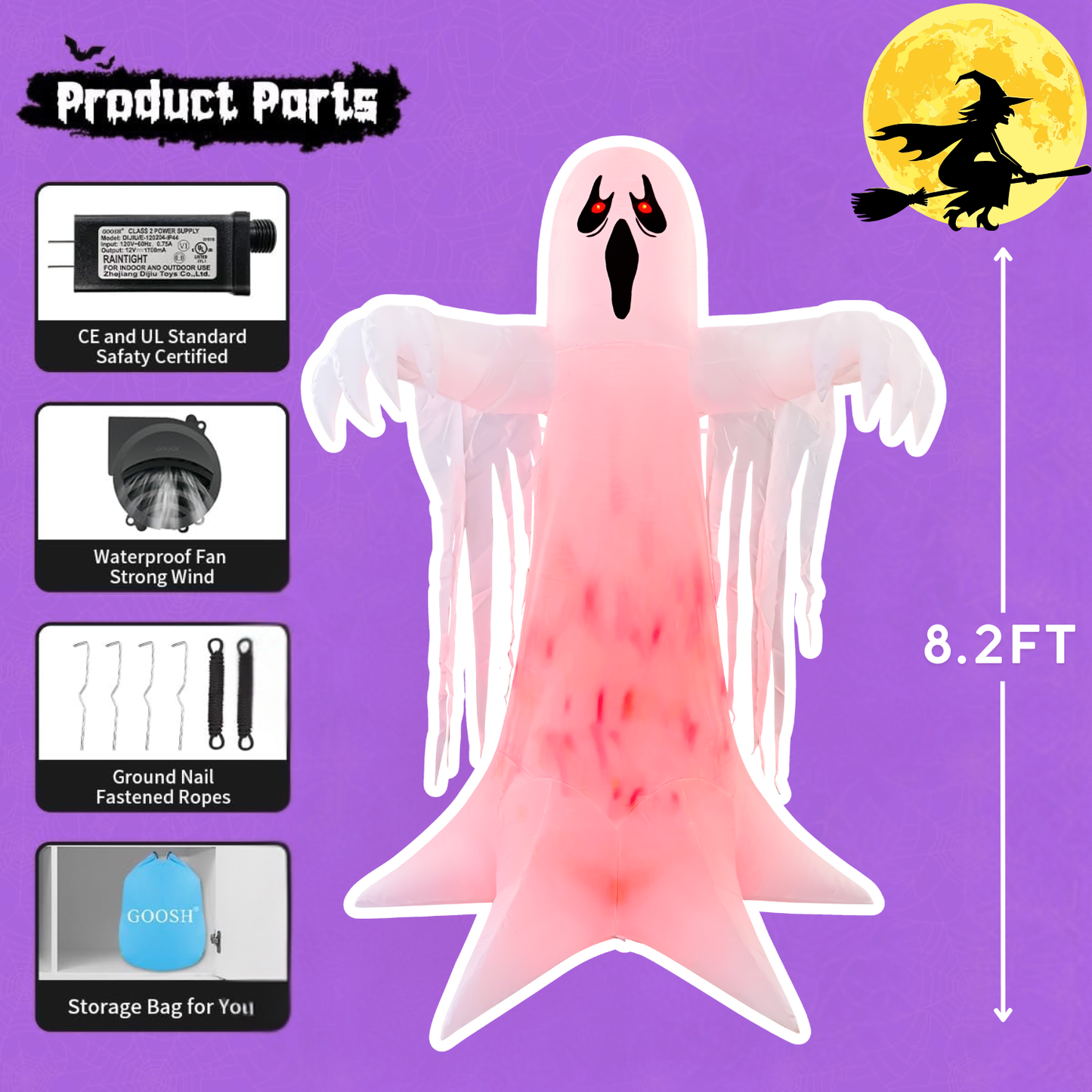 GOOSH 8.2FT Animated Inflatable Ghost with Red LED Lights – Spooky Halloween Yard Decoration