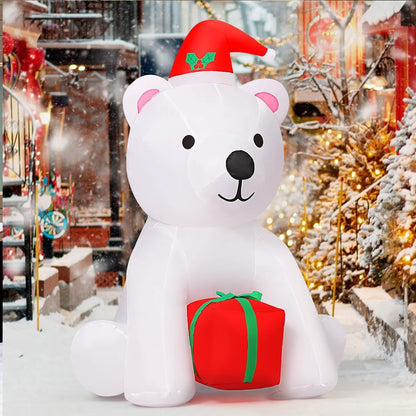 GOOSH 5 Ft Christmas Inflatable Bear Outdoor Decorations Blow Up Yard A White Bear Holding a Present with Built-in LEDs for Indoor Party Garden Lawn Decor