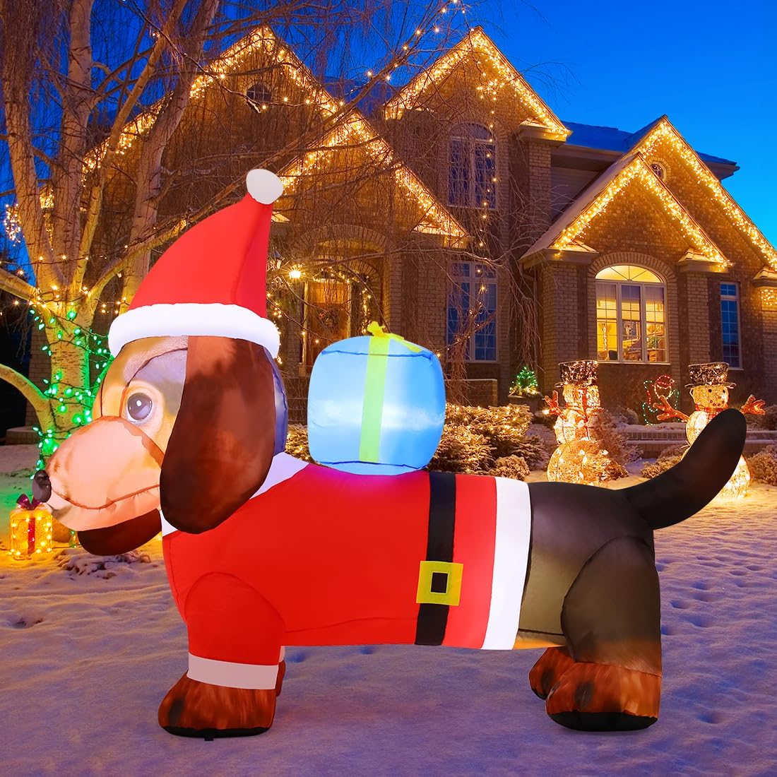 Goosh Inflatable Weiner Dog Lighted Blow Up Christmas Dachshund Dog Yard Decoration with Built in Fan and Anchor Ropes 6 Feet Long