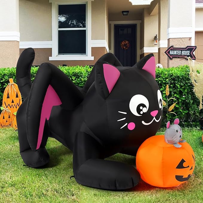 Goosh 5 FT Halloween Inflatables Cat Outdoor Decorations Blow Up Yard Pumpkin with Built-in LEDs for Indoor Party Garden Lawn Decor