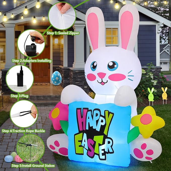 Goosh 5.2 FT Easter Inflatables Rabbit Holding Pillow Outdoor Decorations Blow Up Colorful Flower with Built-in LEDs for Indoor Yard Garden Lawn Decoration