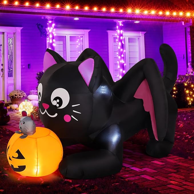Goosh 5 FT Halloween Inflatables Cat Outdoor Decorations Blow Up Yard Pumpkin with Built-in LEDs for Indoor Party Garden Lawn Decor