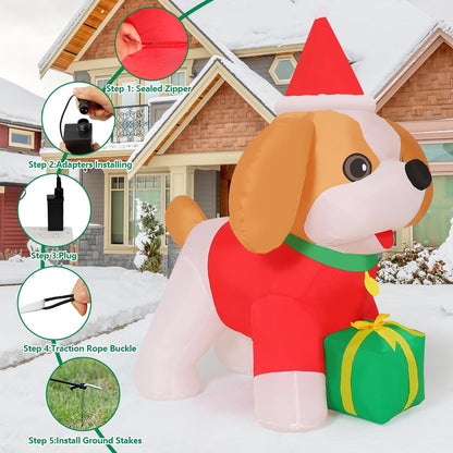 Goosh 5 FT Christmas Inflatables Cavalier King Charles Puppy Dog Outdoor Decorations Blow Up Yard Present Box with Built-in LEDs for Indoor Party Garden Lawn Decor