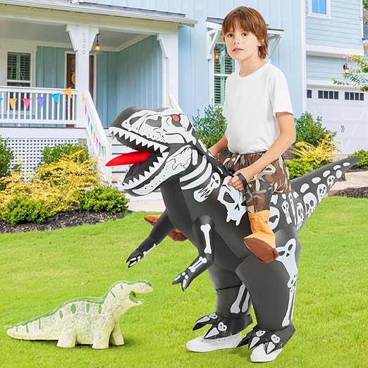 GOOSH Inflatable Dinosaur Costume Kids Ride-on Inflatables Blow Up Dino Costume Skeleton Funny Dress for Halloween Party