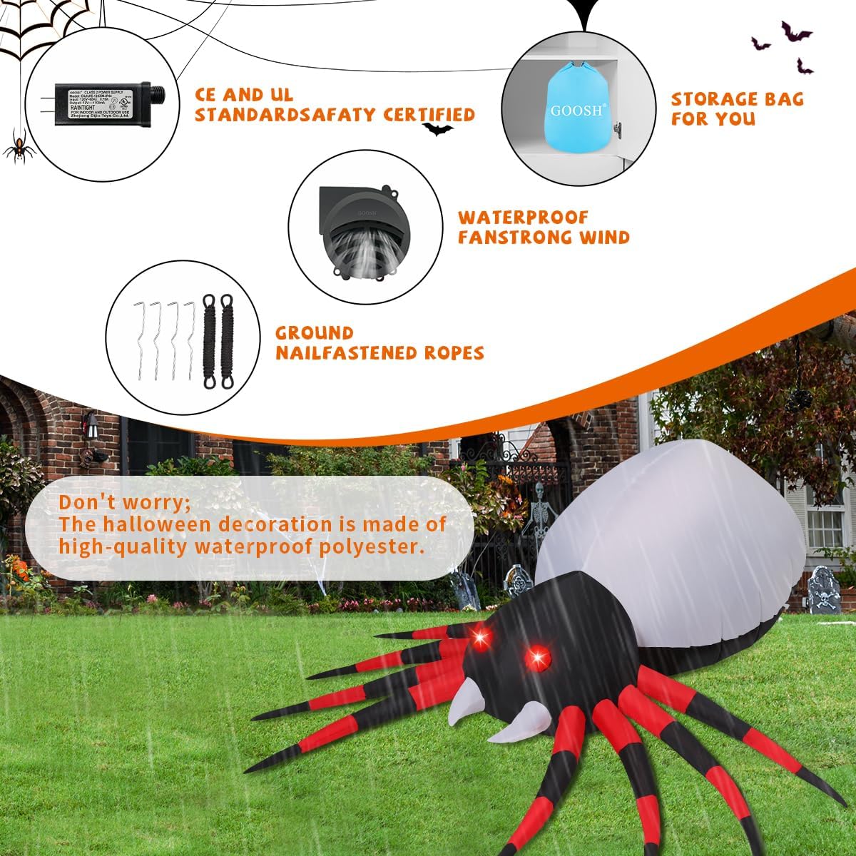GOOSH 8 FT Halloween Inflatable Spider Outdoor Decoration with Magic Light Blow Up Yard Inflatables Holiday Inflatables for Outdoor Yard Garden Lawn Decor