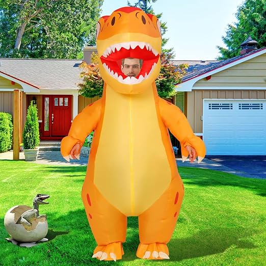 Goosh Inflatable Dinosaur Costume for Adults Blow Up T Rex Costume Dino Inflatable Costume Orange Full Body for Halloween Party