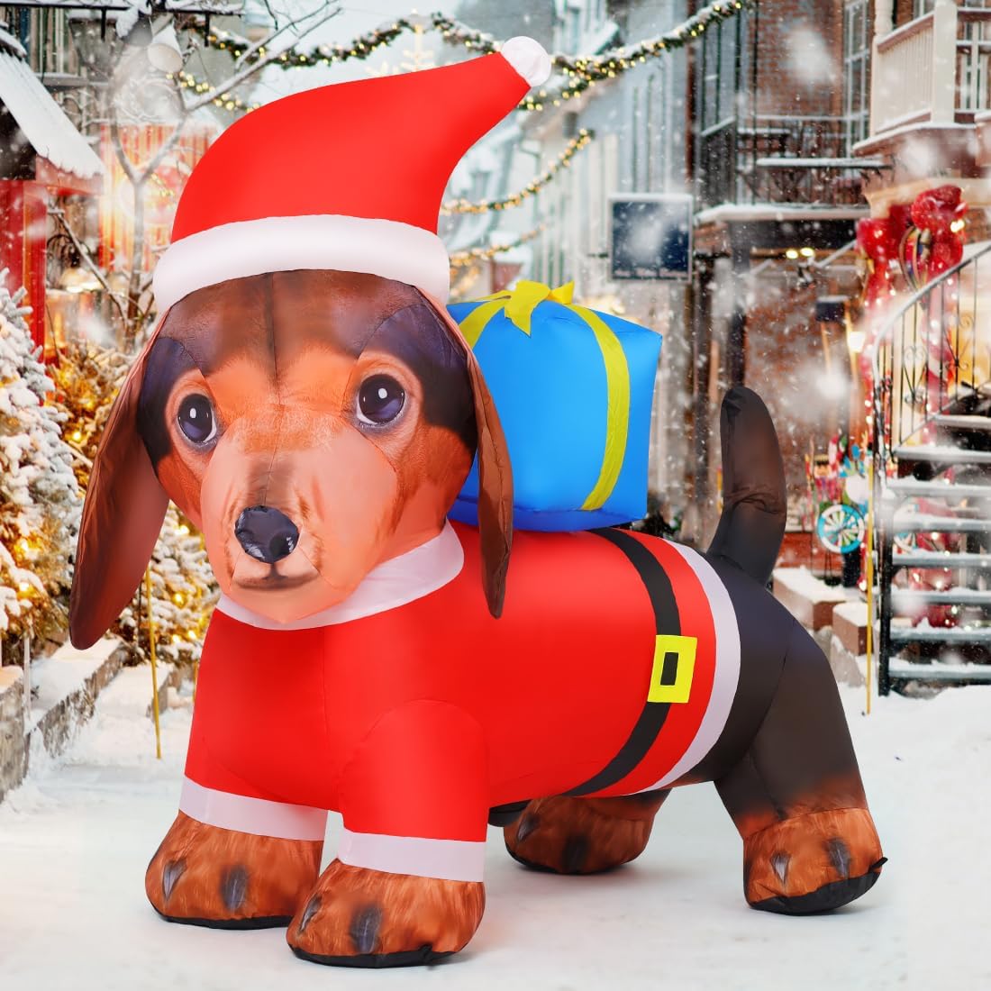 Goosh Inflatable Weiner Dog Lighted Blow Up Christmas Dachshund Dog Yard Decoration with Built in Fan and Anchor Ropes 6 Feet Long