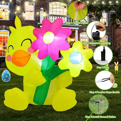 GOOSH 5.2 FT Easter Inflatables Chicken Outdoor Decorations Blow Up Chick Spring Flower with Built-in LEDs for Indoor Yard Garden Lawn Decoration