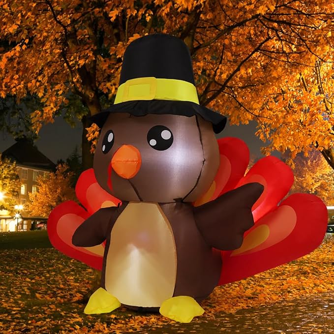 Goosh 4FT Tall Thanksgiving Inflatables Turkey Baby in Hat with Built-in LEDs Blow Up Yard Decoration for Holiday Season Party Indoor Outdoor Garden Lawn