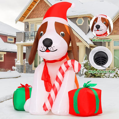 GOOSH 5 FT Christmas Inflatables Dog Outdoor Decorations Blow Up Dogs with Gift Box with Built-in LEDs for Xmas Party Indoor Garden Lawn Decor