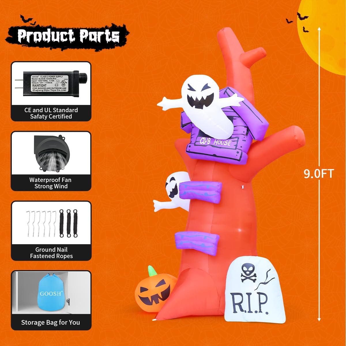 GOOSH 9 FT Halloween Inflatables Tree Outdoor Decorations Blow Up Yard Huge Tree with Pumpkin Tombstone with Built-in LEDs for Garden Lawn Indoor Party Decor