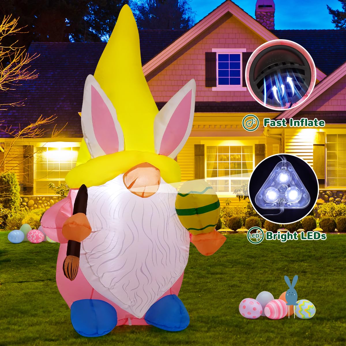GOOSH 5 FT Easter Inflatable Gnome Outdoor Decorations Blow Up Yard Cute Gnome Wearing Bunny Hat Holding Eggs and Paintbrush Built-in LEDs Garden Lawn Indoor Decor