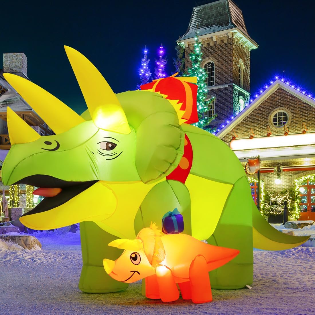 GOOSH 7.5 FT Length Christmas Inflatables Dinosaur Outdoor Decorations Blow Up Green Triceratops with Baby Dino Yard Decorations with Built-in LED Lights for Garden Lawn Outdoor Yard Xmas
