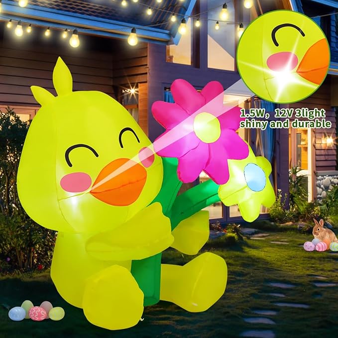 GOOSH 5.2 FT Easter Inflatables Chicken Outdoor Decorations Blow Up Chick Spring Flower with Built-in LEDs for Indoor Yard Garden Lawn Decoration