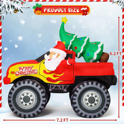 Goosh 7.2 FT Long Christmas Inflatables Truck Outdoor Decorations Santa Claus Blow Up with Xmas Tree with Built-in LEDs for Party Indoor Yard Lawn Garden