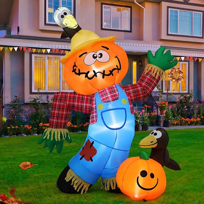 Goosh 6 FT Thanksgiving Inflatable Decorations Crow Fall Harvest Pumpkin Scarecrow with Built-in LED Lights Blow Up Outdoor Inflatable for Party Yard Garden Lawn
