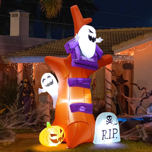 GOOSH 9 FT Halloween Inflatables Tree Outdoor Decorations Blow Up Yard Huge Tree with Pumpkin Tombstone with Built-in LEDs for Garden Lawn Indoor Party Decor