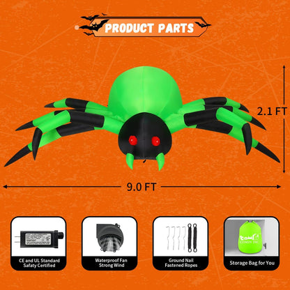 GOOSH 9FT Wide Halloween Inflatable Spider Outdoor Decorations Giant Blow Up Yard Decoration with Built-in LED for Yard Garden Party Lawn