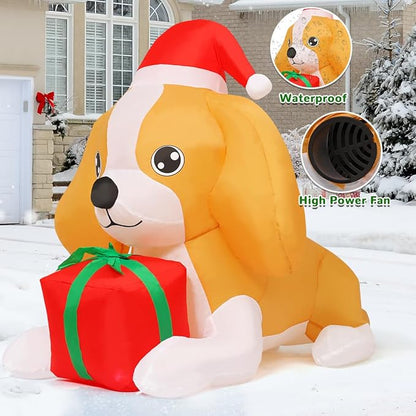 GOOSH 5 FT Long Christmas Inflatables Dog Outdoor Decorations Blow Up Yard Cute Puppy with a Present Box with Built-in LEDs for Xmas Garden Lawn Indoor Party Decor