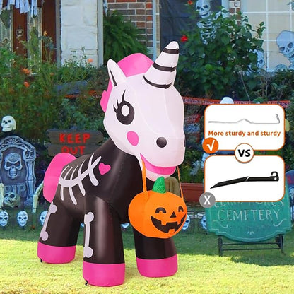 GOOSH 5 FT Halloween Inflatables Skeleton Unicorn Outdoor Decorations Blow Up Yard Pink Cute with Built-in LEDs for Indoor Party Garden Lawn Decor