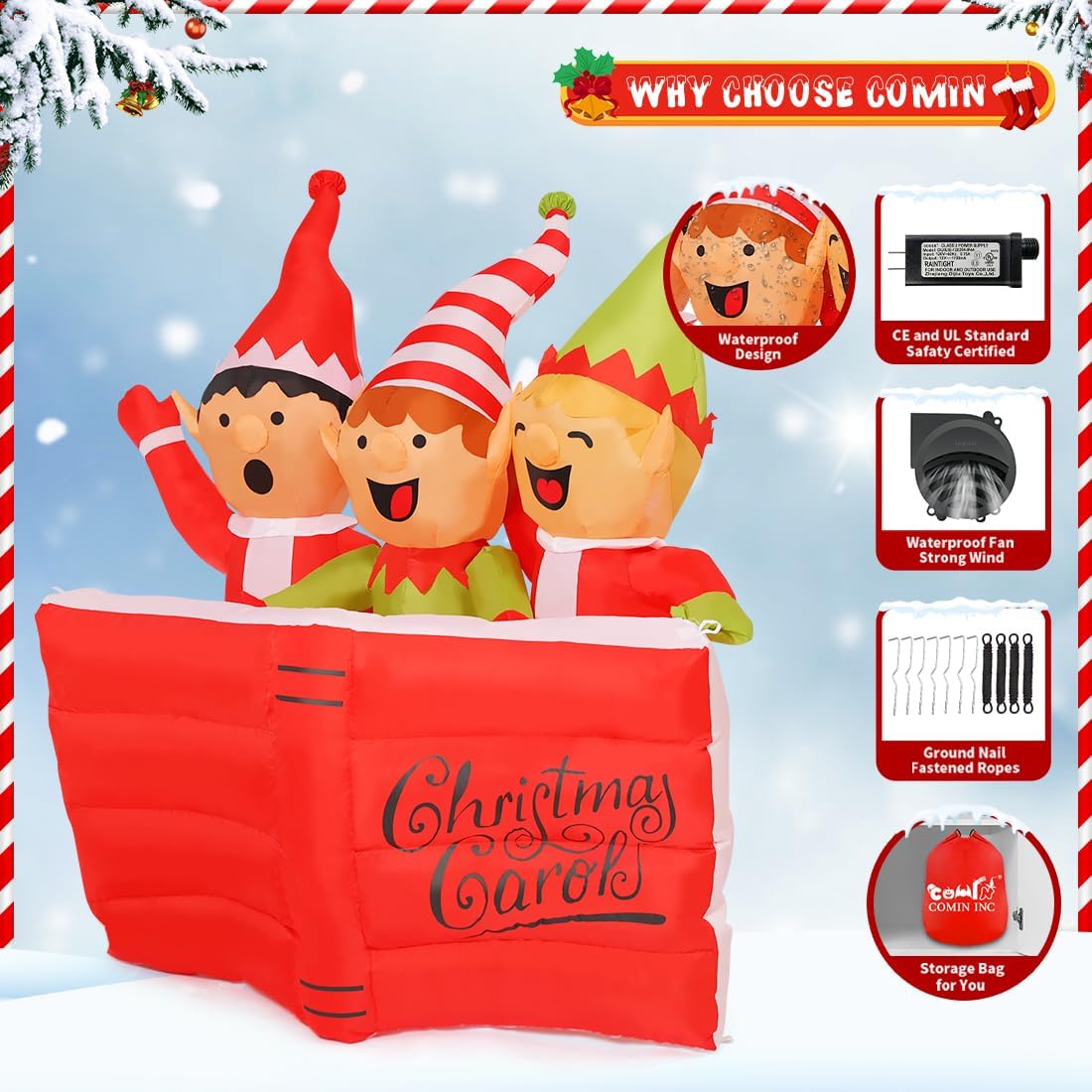 Goosh 5 FT Christmas Inflatables Elf Outdoor Decorations Blow Up Yard High Scripture Reading Book with Built-in LEDs for Indoor Party Garden Lawn Decor