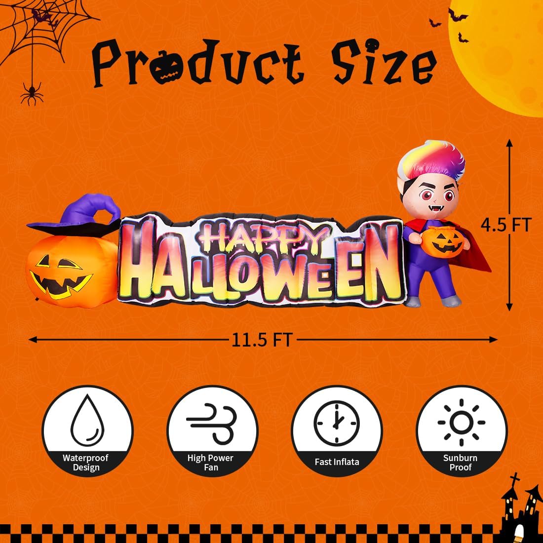 GOOSH 11.5 FT Happy Halloween Inflatables Outdoor Decorations Vampire with Pumpkin Halloween Blow Up Yard Decorations Long with LED Lights Holiday for Halloween Party Yard Garden Lawn
