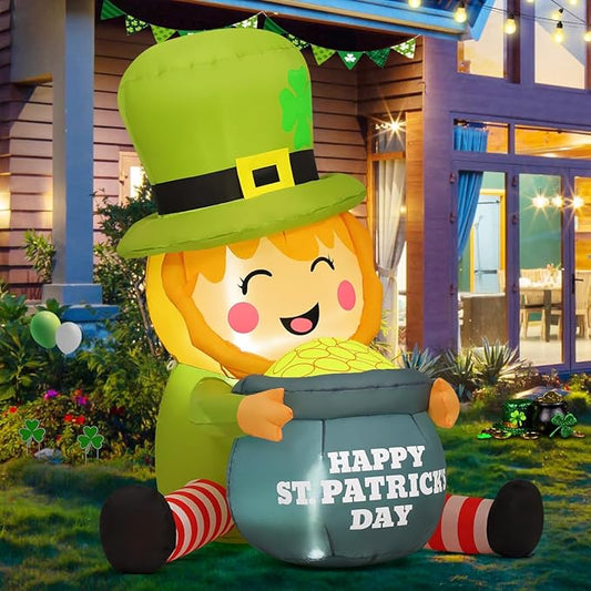 GOOSH 5 FT St Patricks Day Inflatables Outdoor Decorations Blow Up Yard Giant Leprechaun with Gold Coin Pot with Built-in LEDs for Garden Lawn Indoor Party Decor