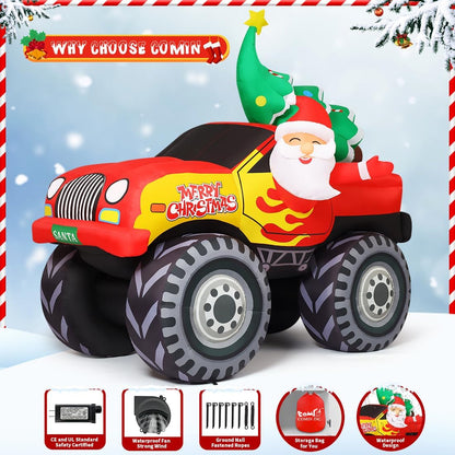 Goosh 7.2 FT Long Christmas Inflatables Truck Outdoor Decorations Santa Claus Blow Up with Xmas Tree with Built-in LEDs for Party Indoor Yard Lawn Garden