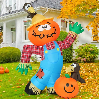 Goosh 6 FT Thanksgiving Inflatable Decorations Crow Fall Harvest Pumpkin Scarecrow with Built-in LED Lights Blow Up Outdoor Inflatable for Party Yard Garden Lawn