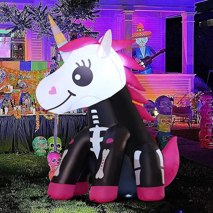 GOOSH 4 FT Halloween Inflatables Skeleton Unicorn Outdoor Decorations Blow Up Yard Pink Cute with Built-in LEDs for Indoor Party Garden Lawn Decor