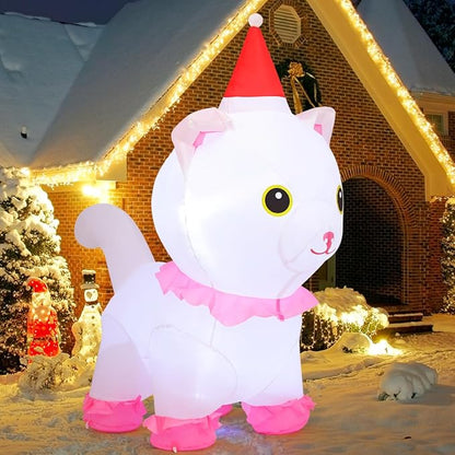 Goosh 5 FT Christmas Inflatables Outdoor Decorations, Blow Up Cute White Cat with Built-in LEDs for Christmas Indoor Outdoor Yard Lawn Garden Decorations