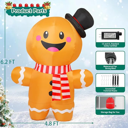 GOOSH 6.2 FT Christmas Inflatables Gingerbread Man Outdoor Decorations Blow Up Yard Gingerbread Inflatable with Built-in LEDs for Indoor Christmas Holiday Party Garden Lawn Decor