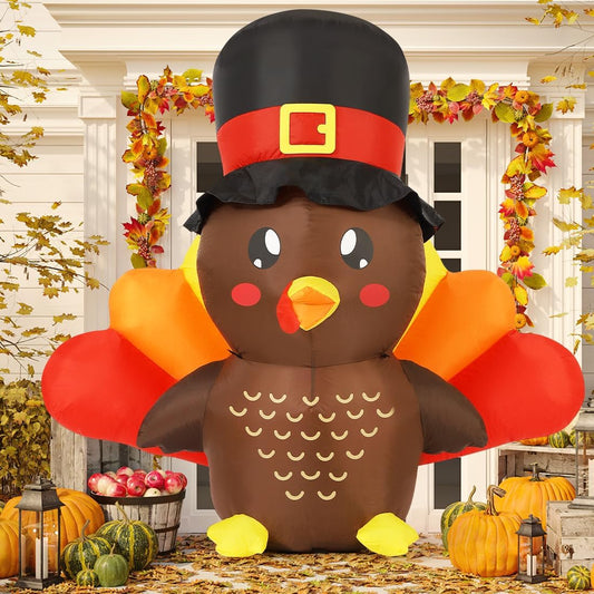 Goosh 5 FT Tall Thanksgiving Inflatables Turkey Baby in Hat with Built-in LEDs Blow Up Yard Decoration for Holiday Party Indoor Outdoor Garden Lawn
