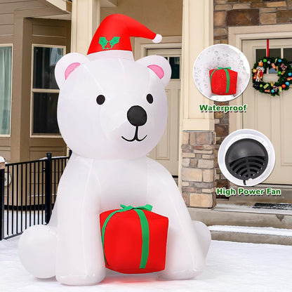 GOOSH 5 Ft Christmas Inflatable Bear Outdoor Decorations Blow Up Yard A White Bear Holding a Present with Built-in LEDs for Indoor Party Garden Lawn Decor