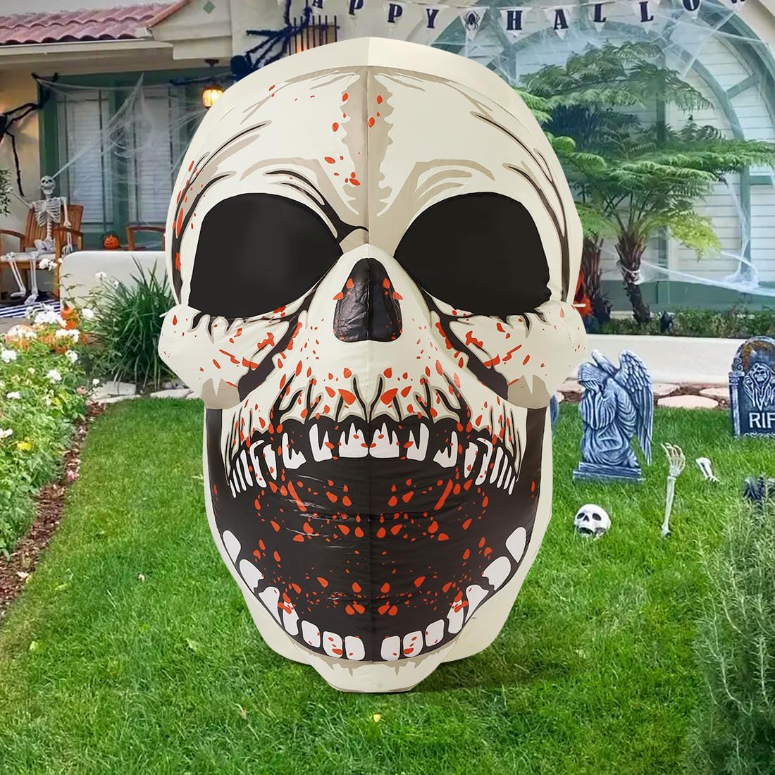 GOOSH 4 FT Halloween Inflatables Skull Outdoor Decorations Blow Up Yard Scary Colorful Dimming Skull with Built-in Magic LEDs for Garden Lawn Indoor Party Decor