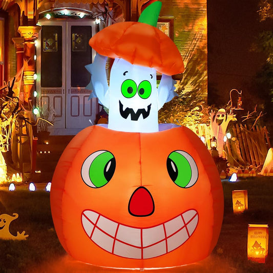 GOOSH 5 FT Halloween Inflatables Animated Pumpkin Ghost Outdoor Decorations Blow Up Yard with Built-in LEDs for Indoor Party Garden Lawn Decor