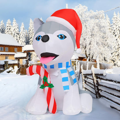 GOOSH 4 FT Christmas Inflatables Dog Outdoor Decorations Blow Up Husky Dogs Holding Candy Cane with Built-in LEDs for Xmas Party Indoor Garden Lawn Decor