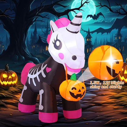 GOOSH 5 FT Halloween Inflatables Skeleton Unicorn Outdoor Decorations Blow Up Yard Pink Cute with Built-in LEDs for Indoor Party Garden Lawn Decor