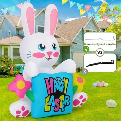 Goosh 5.2 FT Easter Inflatables Rabbit Holding Pillow Outdoor Decorations Blow Up Colorful Flower with Built-in LEDs for Indoor Yard Garden Lawn Decoration