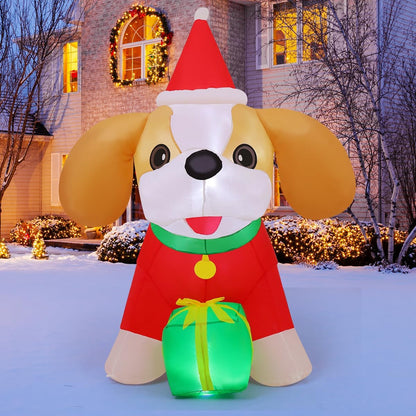 Goosh 5 FT Christmas Inflatables Cavalier King Charles Puppy Dog Outdoor Decorations Blow Up Yard Present Box with Built-in LEDs for Indoor Party Garden Lawn Decor