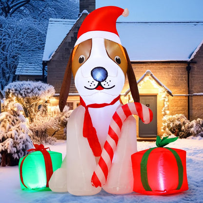 GOOSH 5 FT Christmas Inflatables Dog Outdoor Decorations Blow Up Dogs with Gift Box with Built-in LEDs for Xmas Party Indoor Garden Lawn Decor