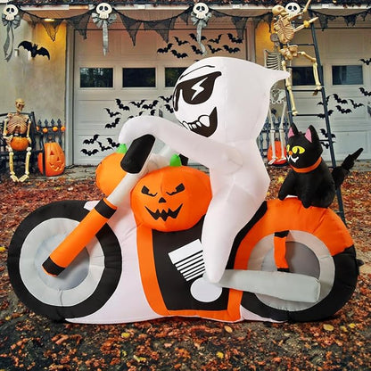 GOOSH 6ft Light-Up Inflatable Ghost with Pumpkin Cat Motorcycle Halloween Yard Decoration