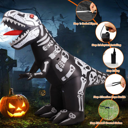 Goosh 8 FT Long Halloween Inflatables Outdoor Decorations, Blow Up Dinosaur Skeleton with Built-in LEDs for Halloween Indoor Outdoor Yard Lawn Garden Decorations