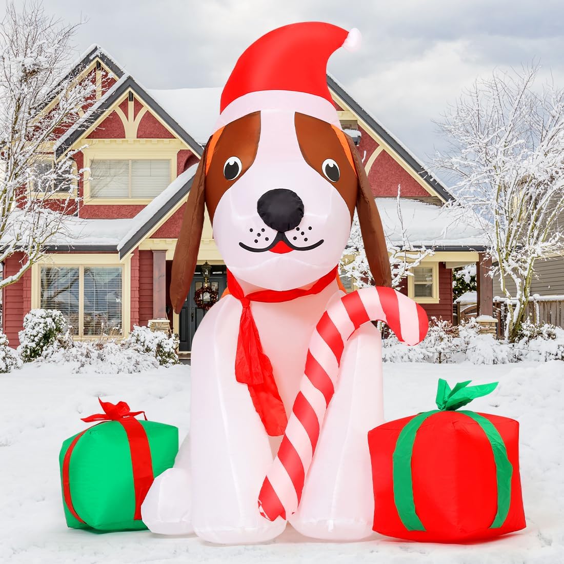 GOOSH 5 FT Christmas Inflatables Dog Outdoor Decorations Blow Up Dogs with Gift Box with Built-in LEDs for Xmas Party Indoor Garden Lawn Decor