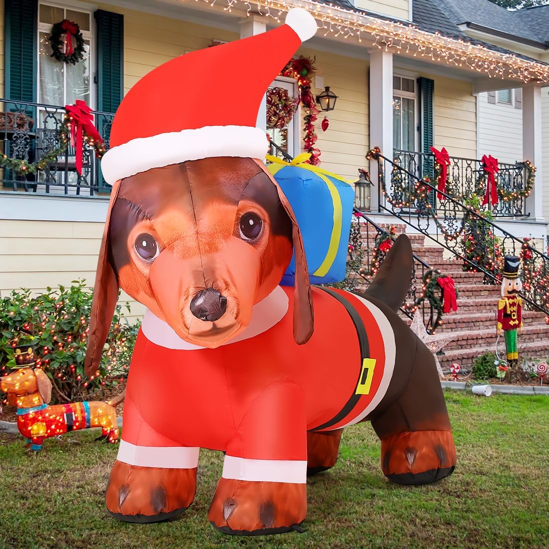 Goosh Inflatable Weiner Dog Lighted Blow Up Christmas Dachshund Dog Yard Decoration with Built in Fan and Anchor Ropes 6 Feet Long