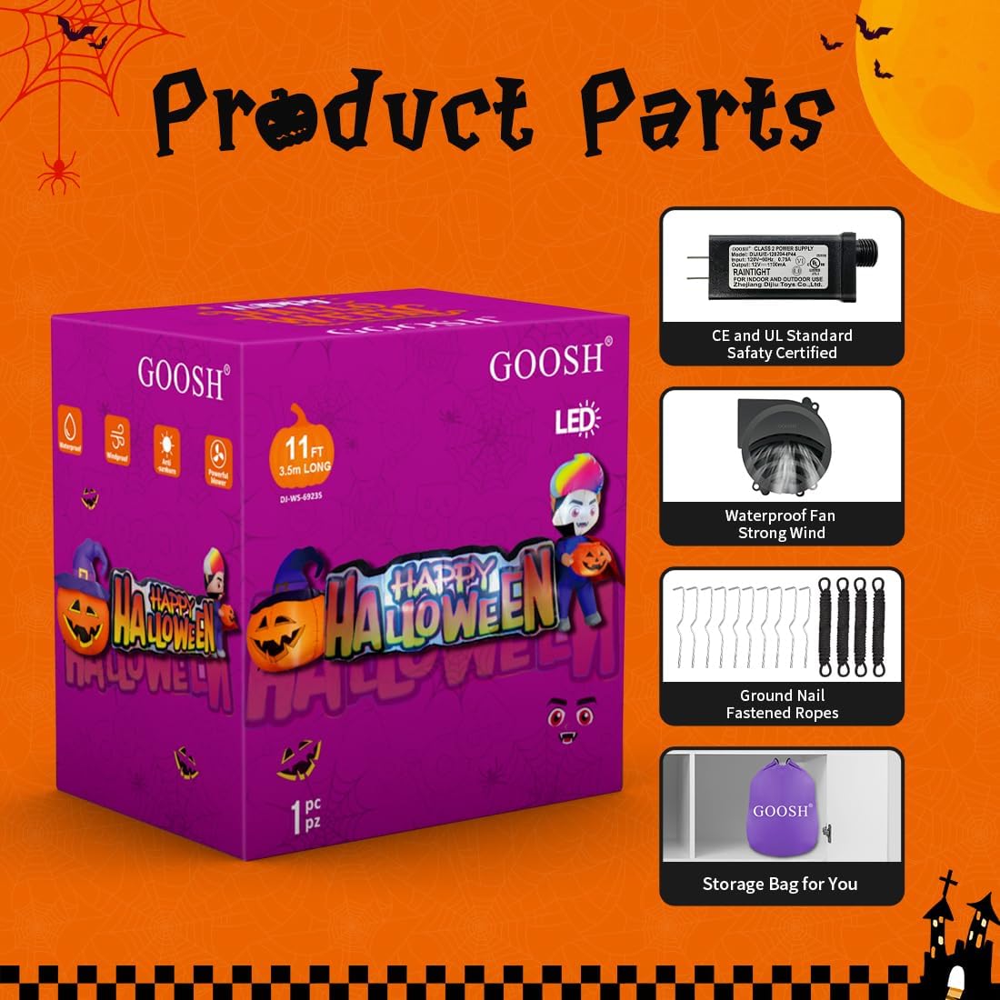 GOOSH 11.5 FT Happy Halloween Inflatables Outdoor Decorations Vampire with Pumpkin Halloween Blow Up Yard Decorations Long with LED Lights Holiday for Halloween Party Yard Garden Lawn