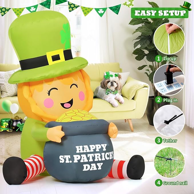 GOOSH 5 FT St Patricks Day Inflatables Outdoor Decorations Blow Up Yard Giant Leprechaun with Gold Coin Pot with Built-in LEDs for Garden Lawn Indoor Party Decor