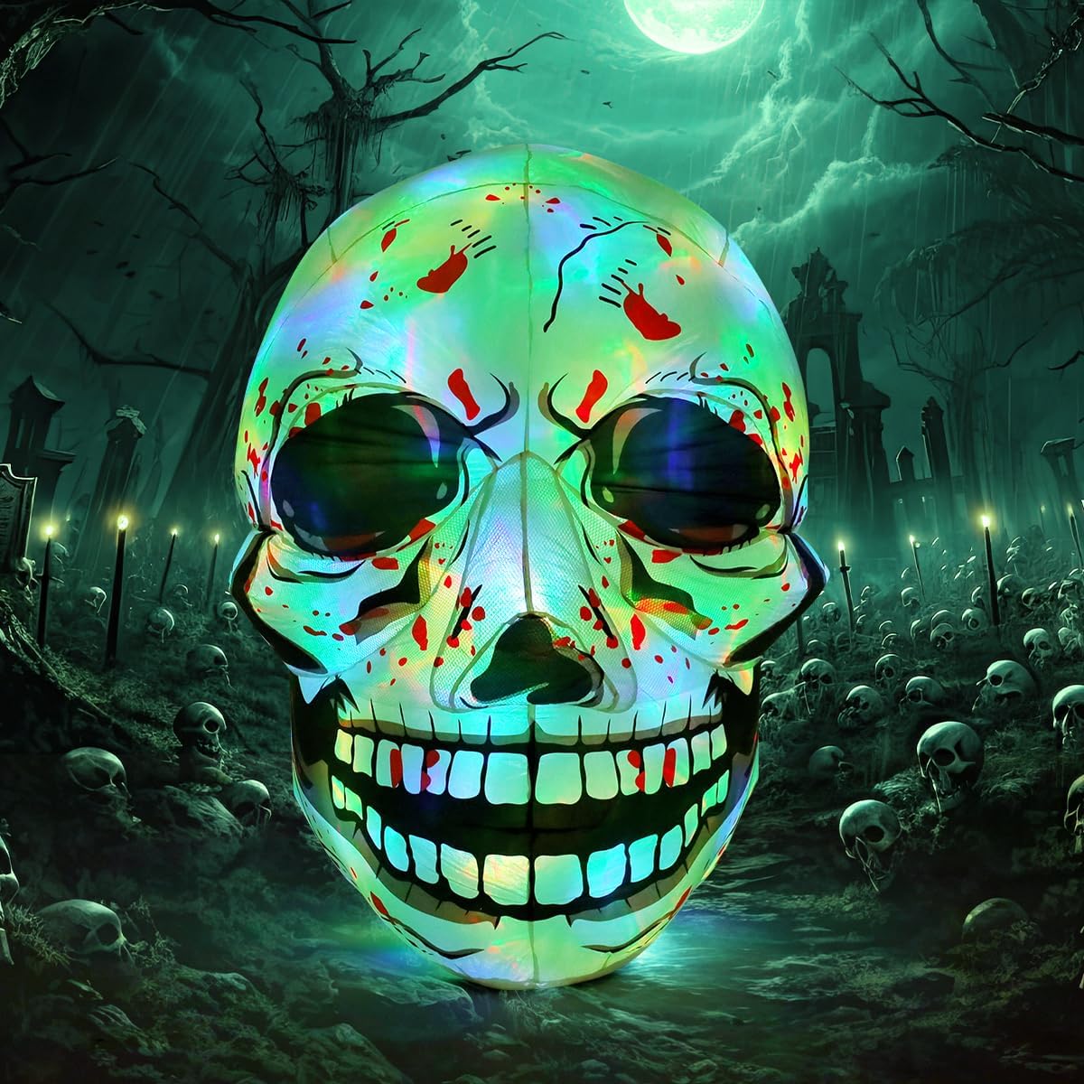 Goosh 3.6 FT Halloween Inflatables Skull Outdoor Decorations Blow Up Yard Scary Colorful Skeleton Skull with Built-in Changeable LEDs for Garden Lawn Indoor Party Decor