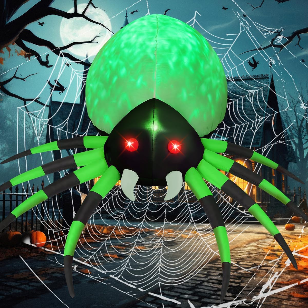 GOOSH 8ft Light-Up Inflatable Green Spider Halloween Yard Decoration